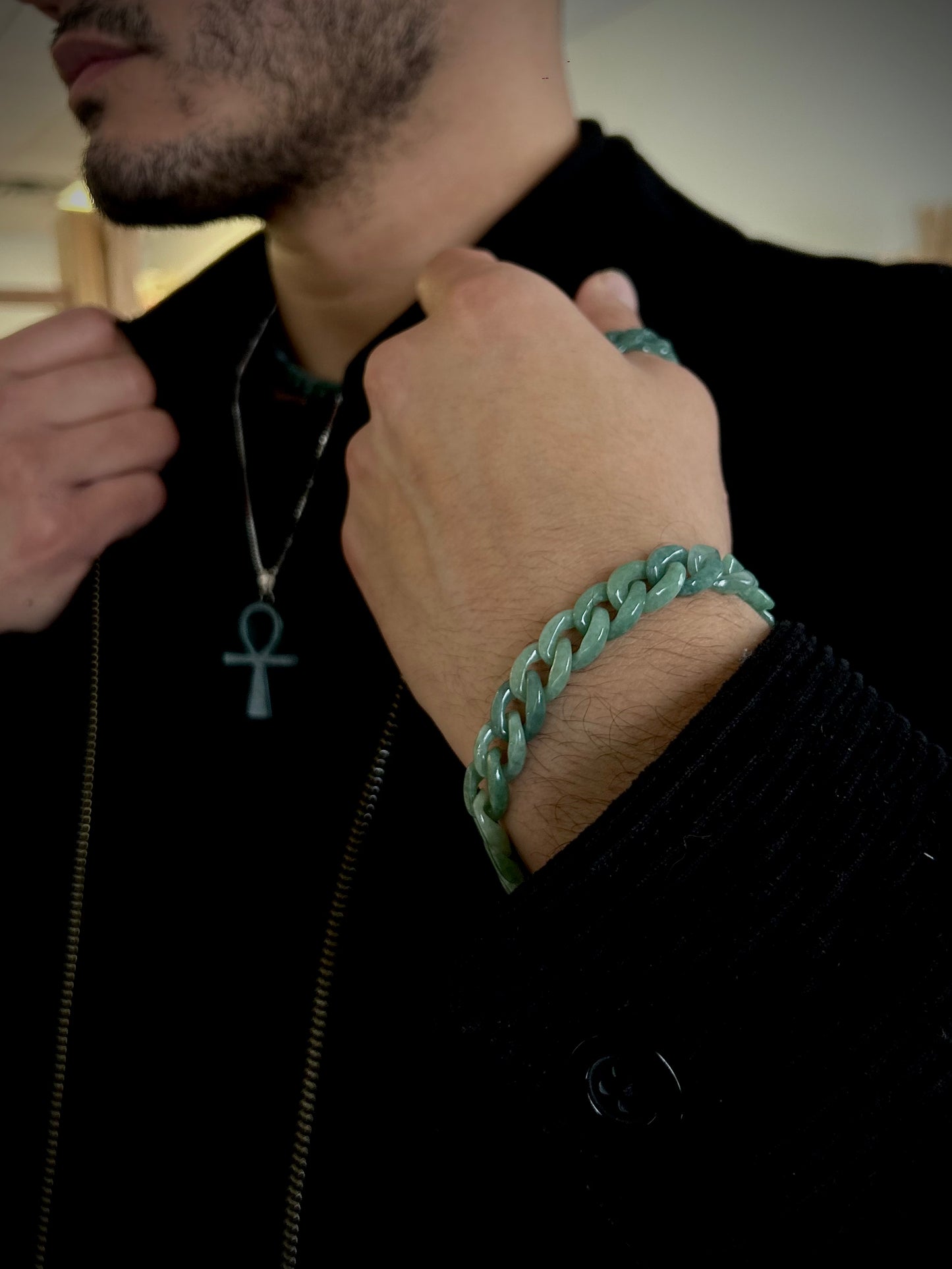 Custom 7.5inch 10MM Sea Green Jade Cuban Bracelet with Simple Gold Color Clasp