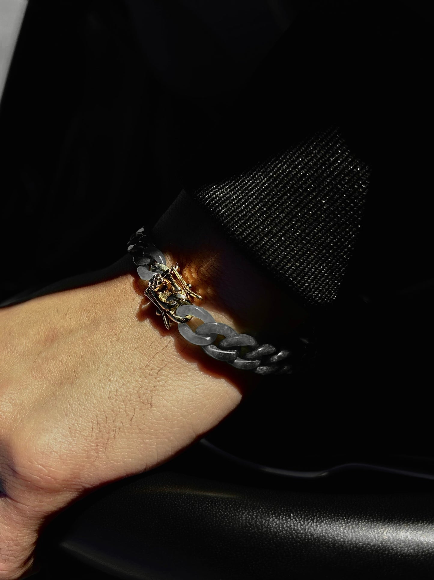 men's cuban bracelet in black jade with white variations
